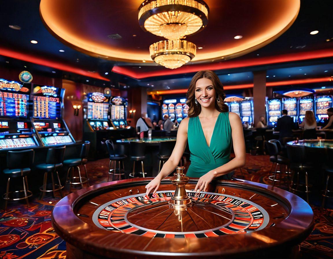A high-stakes casino scene featuring vibrant neon lights, excited individuals at a roulette table, and chips cascading in the air, creating an atmosphere of thrill and exhilaration. Include dramatic lighting that captures the intensity of gambling, with a backdrop of luxurious decor and a hint of Las Vegas skyline visible through a window. super-realistic. bright colors. dynamic angle.