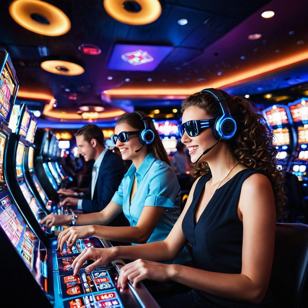 A vibrant digital casino scene featuring excited players at various slot machines and illuminated poker tables. Bright neon lights reflect off colorful chips and cards, creating an atmosphere of joy and adventure. Show diverse players celebrating wins with expressions of thrill and exuberance, immersed in the digital environment with screens displaying games. Include elements like virtual reality headsets and money flying in the air for added excitement. super-realistic. vibrant colors. dynamic composition.