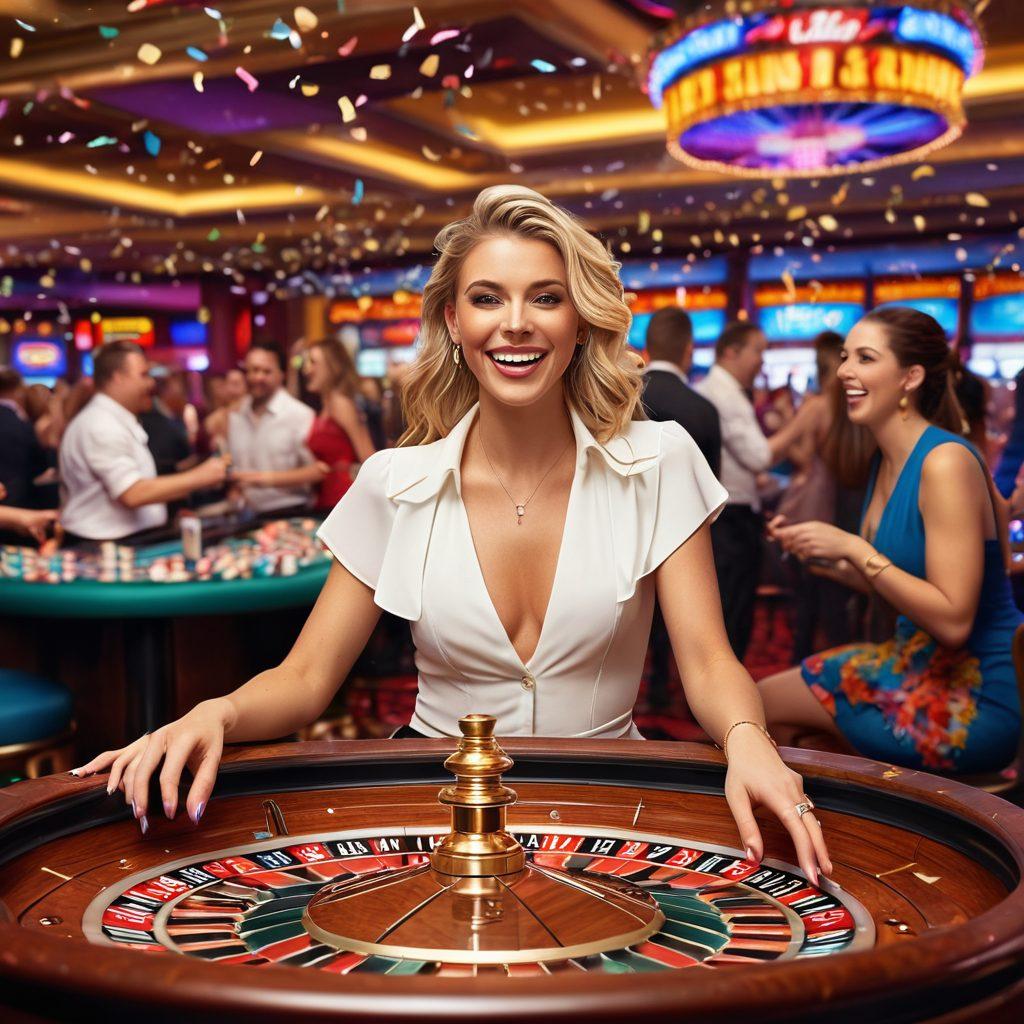 A vibrant scene depicting a lively casino floor filled with joyous players at slot machines and card tables, confetti flying in the air, colorful lights flashing, and a roulette wheel spinning. Illustrate thrill and excitement with smiling faces, drinks in hand, and the charm of entertainment. Use warm, inviting colors and a bustling atmosphere. super-realistic. vibrant colors.